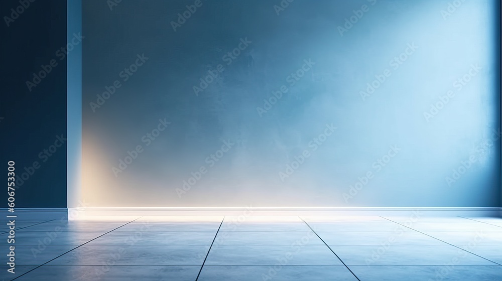 Beautiful versatile backdrop for product design and presentation with blue wall, light reflections and concrete floor