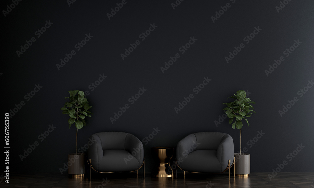 Modern cozy living room and empty black wall texture background ...