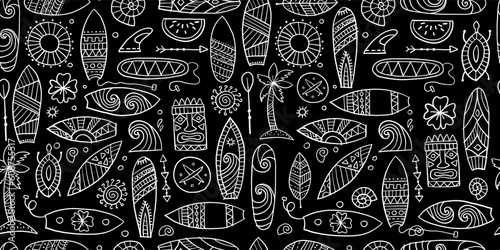 Surf boards collection, surfing time. Hawaii seamless pattern design for fabric, wallpapers etc. Vector illustration