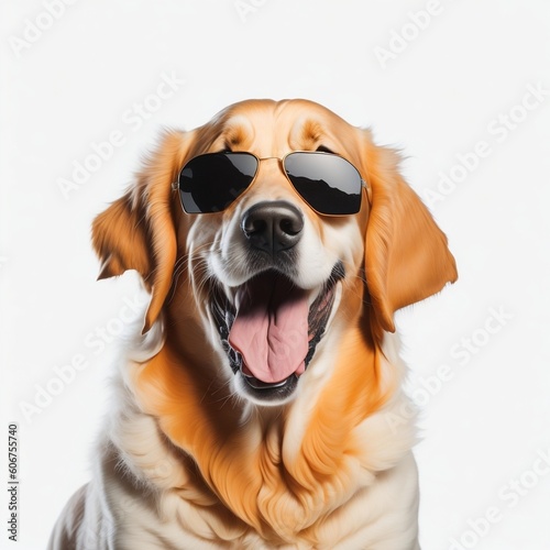 Happy Golden retriever dog wearing sunglasses, smiling at the camera, isolated on white background, ai generated © Adrian