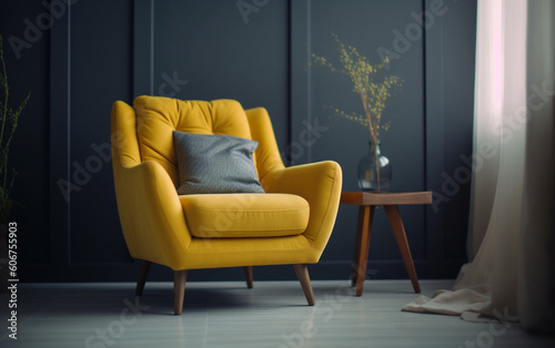 Yellow accent chair on dark gray wall background, Generative AI 