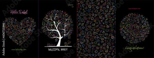 Newborn baby concept art collection. Birthday cards. Frame, heart shape, tree...