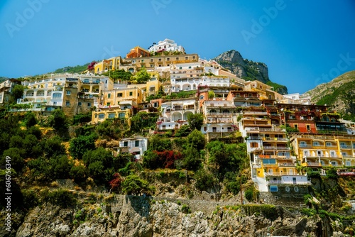 Low-angle view of modern buildings in Positano, Italy