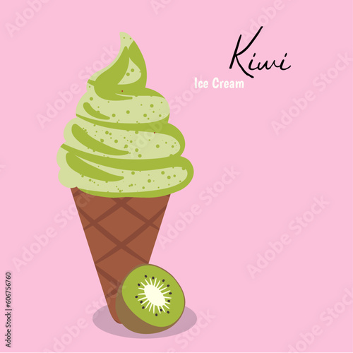 Vanilla Ice Cream cone with Kiwi