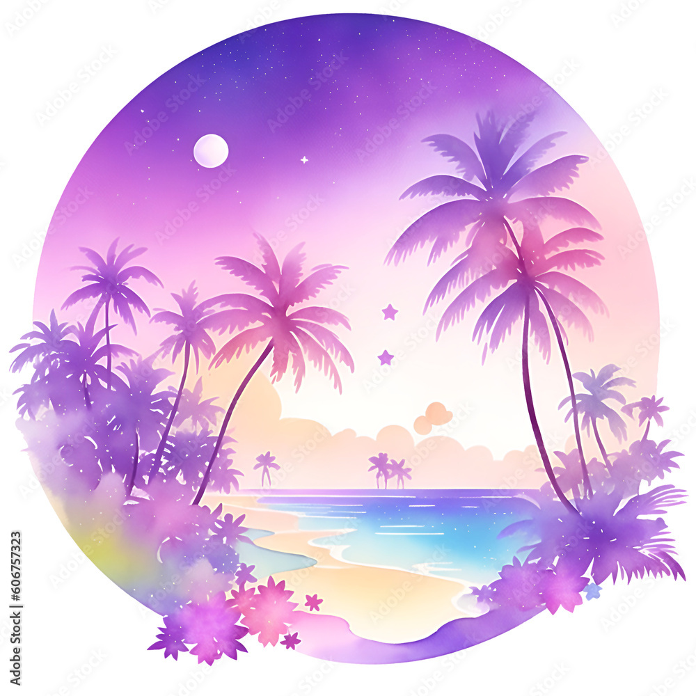 A detailed illustration watercolor tropical island, palm trees