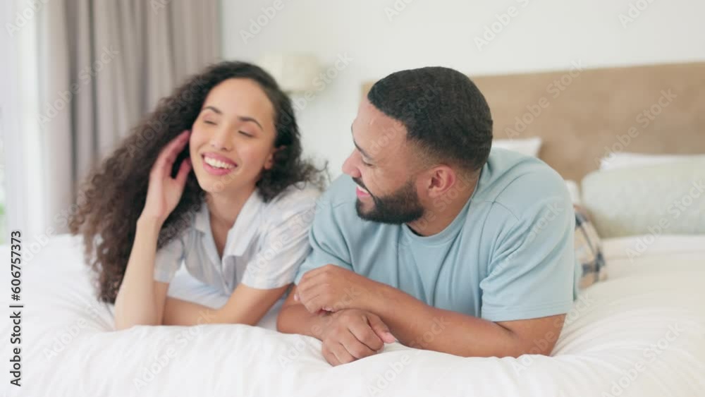 Bed, love and happy couple conversation, communication and morning discussion about romance, support and care. Happiness, love and home man, woman or people enjoy bonding time together in bedroom Bed, love and happy couple conversation, communication and morning discussion about romance, support and care. Happiness, love and home man, woman or people enjoy bonding time together in bedroom
