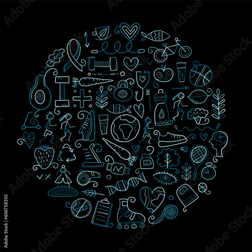 World health day. Concept art with healty lifestyle desing elements, icons set. Black background. Vector illustration