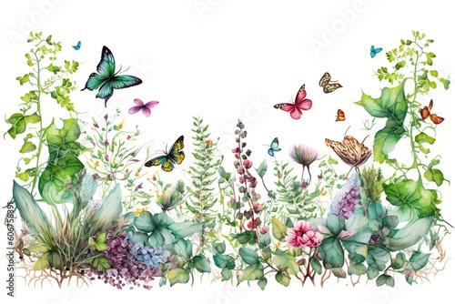 A painting of flowers and butterflies on a white background, created with Generative Ai Technology