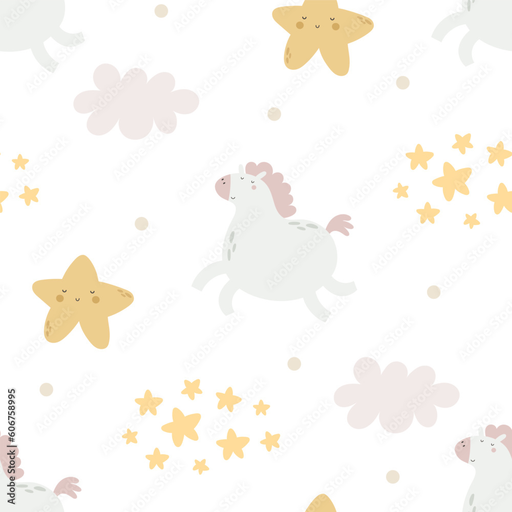 Seamless pattern with cartoon unicorn, decorative elements. Flat style colorful vector illustration for kids. hand drawing. baby design for fabric, textile, print, wrapper.