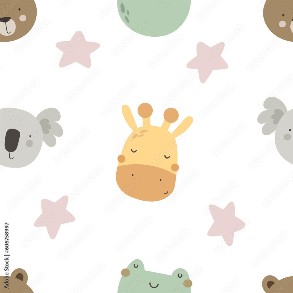 Foto seamless pattern with cartoon koala, frog, giraffe, decor elements