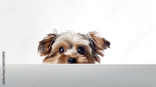 Cute head of peeking dog isolated on white background. Space for text. Generative AI