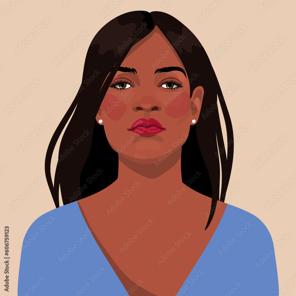 Beautiful African American girl with long hair in in a bare shoulder in a blue blouse. Avatar for a social network. fashion illustration isolated on background. Beautiful African American girl with long hair in in a bare shoulder in a blue blouse. Avatar for a social network. fashion illustration isolated on background.