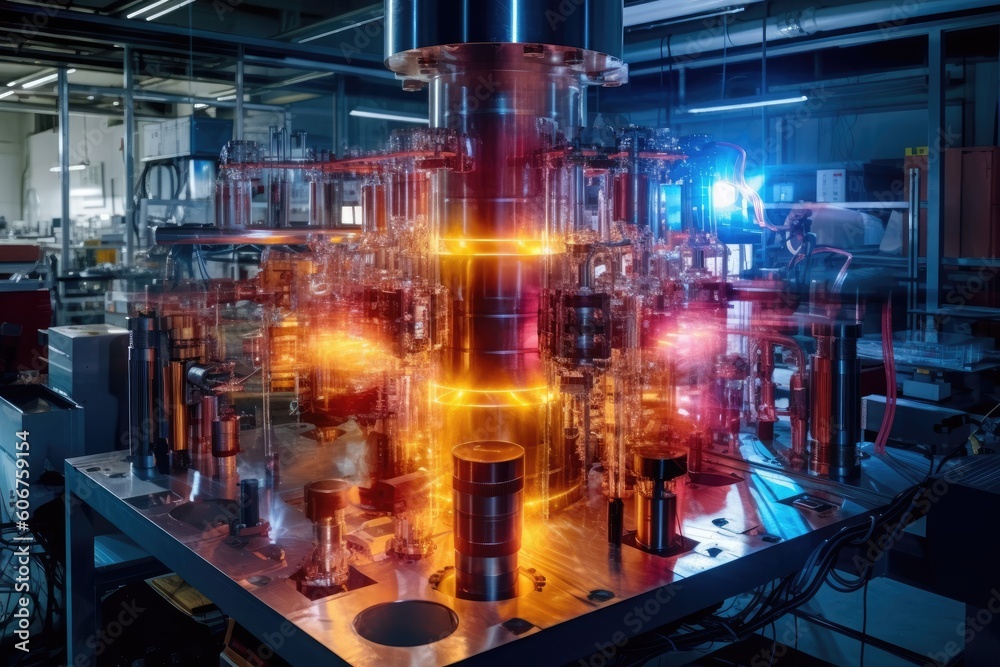 Theme of nuclear fusion. Large experimental setup in a laboratory with plasma being generated at high temperatures. Generative AI Theme of nuclear fusion. Large experimental setup in a laboratory with plasma being generated at high temperatures. Generative AI