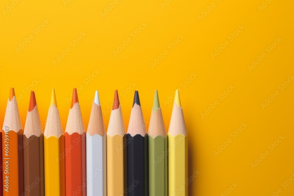 Colored pencils on yellow background, Generative ai Colored pencils on yellow background, Generative ai
