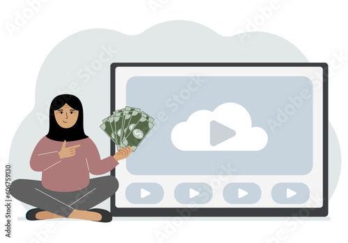 A woman holds paper banknotes in his hand, next to a computer with a video. Freelancer, earning money, working on the Internet, training, coaching, business, remote work.