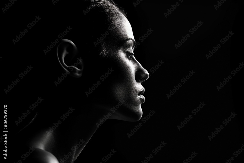 Single female headshot in profile lit with a single light with a very dark background, developed with generative ai