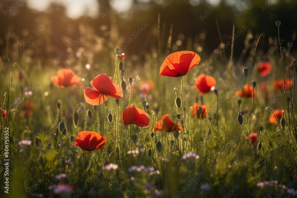 Summer meadow with red poppies, Generative ai