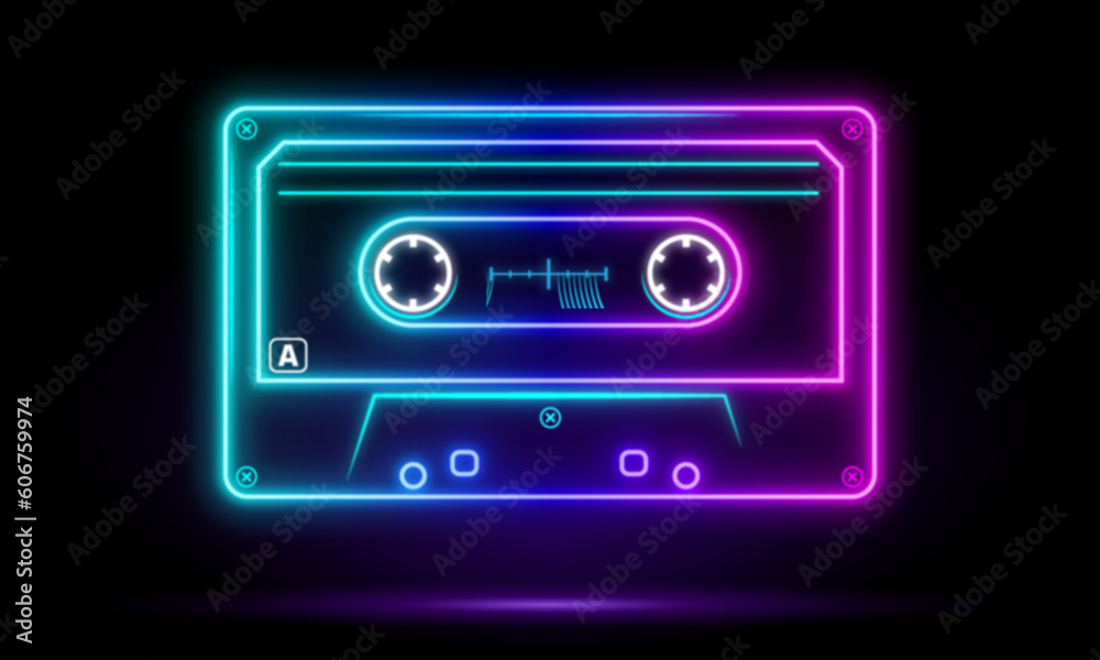 Neon retro audio cassette color, musiccasette, cassette tape, vector art image illustration, mix tape retro cassette design, Music vintage and audio theme Vector illustration, vibrant glow neon casset - obrazy, fototapety, plakaty 