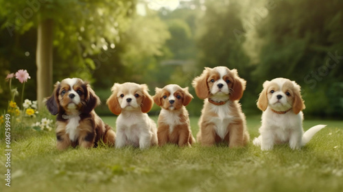 Generative A.I. A Group of young cavalier king charles puppies sitting in a row in the grass, low viewpoint, large Group of cute little puppies, animal theme, pets