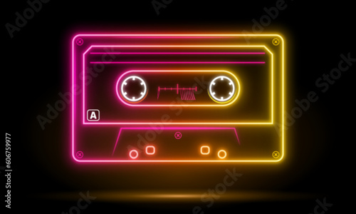 Neon retro audio cassette color, musiccasette, cassette tape, vector art image illustration, mix tape retro cassette design, Music vintage and audio theme Vector illustration, vibrant glow neon casset