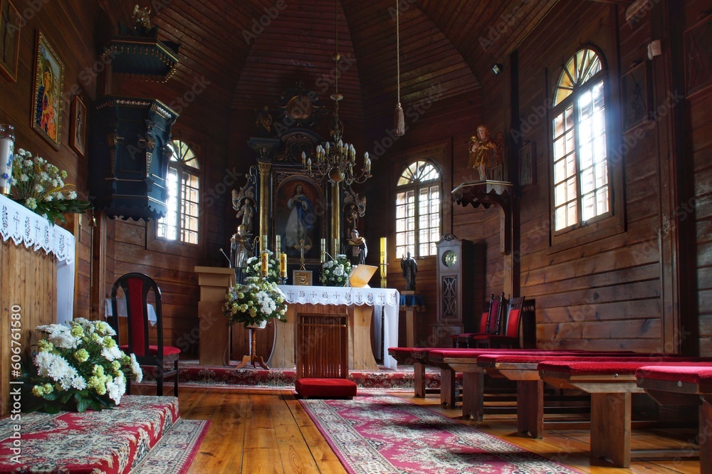 Dating from the mid-17th century, the wooden church of St. Leonard in Troszyn Polski, Poland