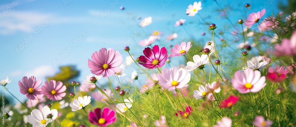 Multicolored cosmos flowers in meadow in spring summer nature against blue sky. Selective soft focus Multicolored cosmos flowers in meadow in spring summer nature against blue sky. Selective soft focus