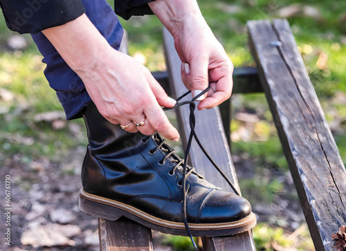 woman tying shoe laces on shoe
