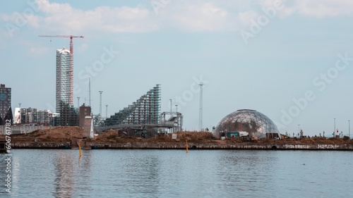 Skyline view of Construction of Lighthouse on site at the harbor of Aarhus, Denmark by the water