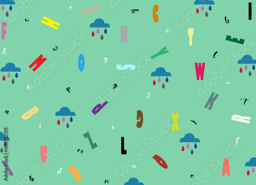 Editable vector background with letters and rainy clouds