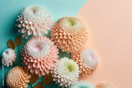 A bunch of pink and white flowers on a blue and pink background  created with Generative Ai Technology