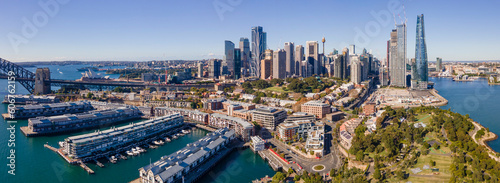 Panoramic aerial drone view of Sydney City and Barangaroo Reserve in Sydney, NSW Australia on a sunny day 