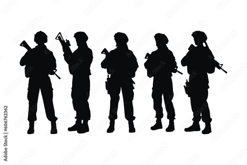 Female soldiers standing in different positions silhouette set vector ...