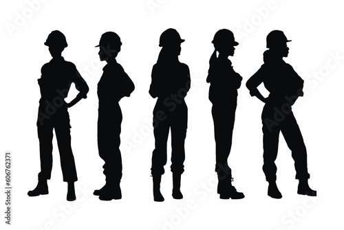 Female engineers standing in different positions silhouette set vector. Modern girl workers with anonymous faces silhouette. Women engineers wearing uniforms. Handyman silhouette on white background.