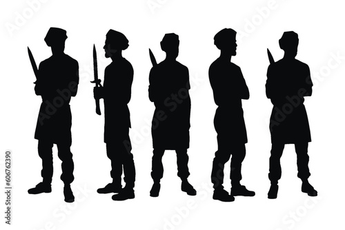 Male butcher standing in different position silhouette set vector. Modern butcher with anonymous faces silhouette. Male fighters with swords. Pirate silhouette on white background.