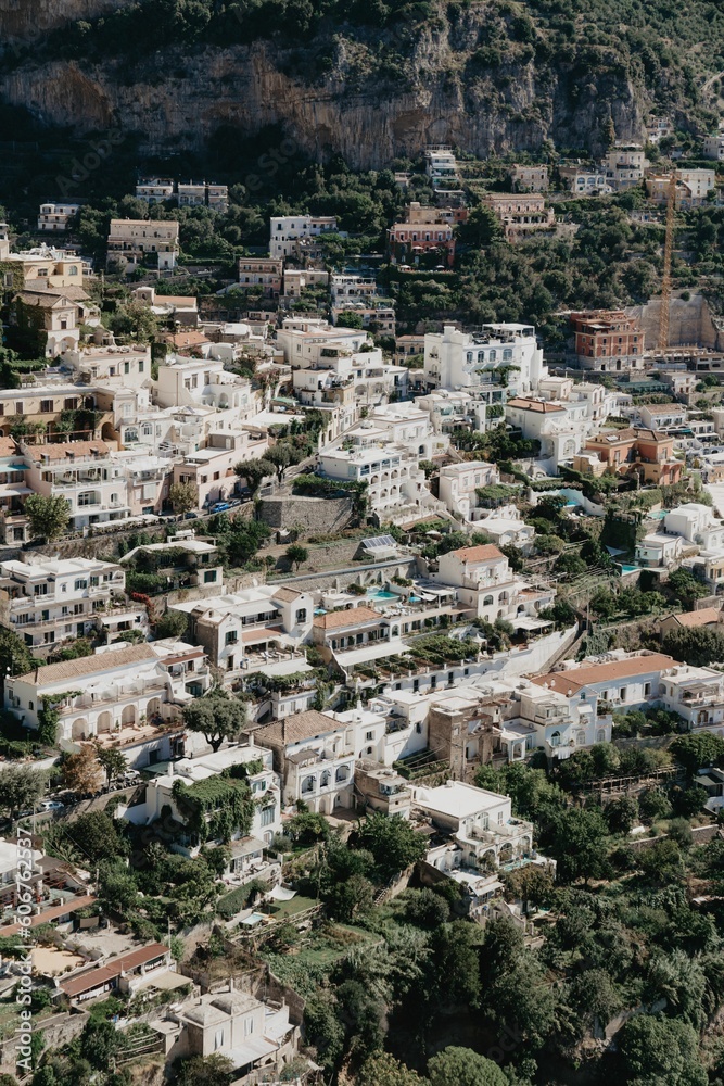 Aerial view of houses in Positano of Amalfi coast, Campania in Italy on a sunny day