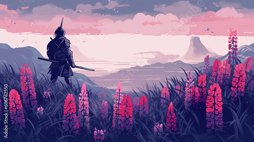 Samurai anime in a misty field of lupines