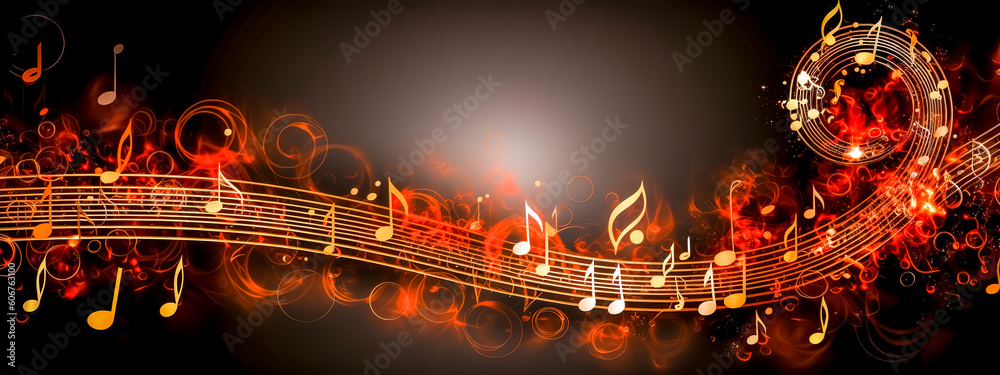 art digital music, sheet music, abstract background banner, bass speakers, made with Generative AI - obrazy, fototapety, plakaty 