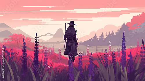 Samurai anime in a misty field of lupines