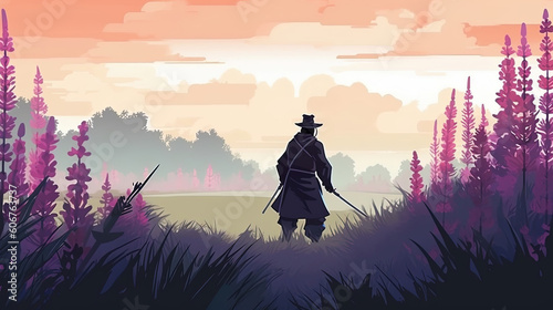 Samurai anime in a misty field of lupines