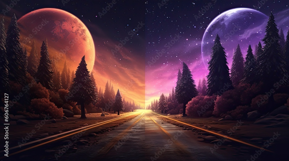 moon, starry sky and road, in the style of forestpunk Generative Ai moon, starry sky and road, in the style of forestpunk Generative Ai