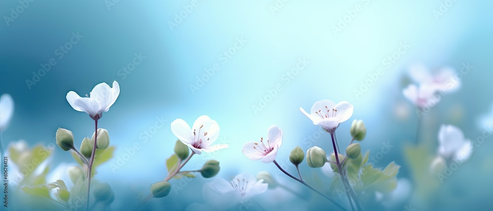 Spring forest white flowers primroses on a beautiful blue background macro. Blurred gentle sky-blue background. Floral nature background, free space for text. Romantic soft gentle artistic image Spring forest white flowers primroses on a beautiful blue background macro. Blurred gentle sky-blue background. Floral nature background, free space for text. Romantic soft gentle artistic image