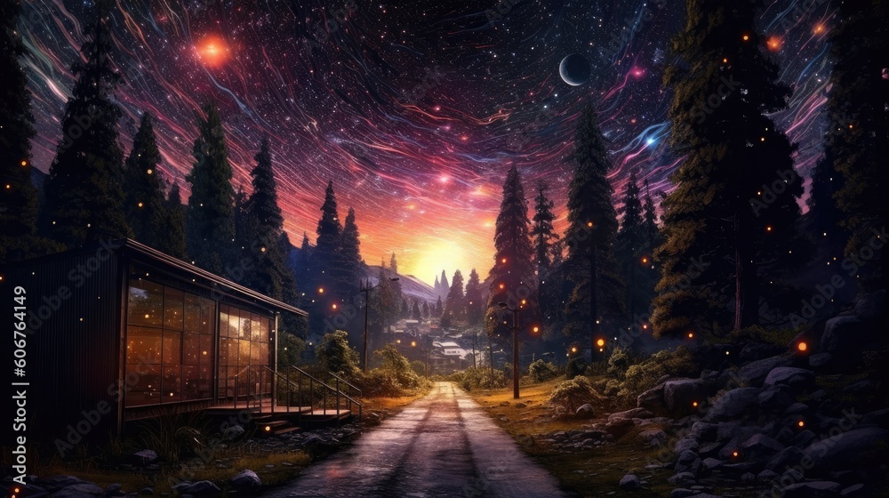 Fototapeta premium moon, starry sky and road, in the style of forestpunk Generative Ai