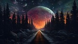 moon, starry sky and road, in the style of forestpunk Generative Ai