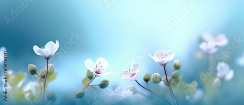 Spring forest white flowers primroses on a beautiful blue background macro. Blurred gentle sky-blue background. Floral nature background, free space for text. Romantic soft gentle artistic image