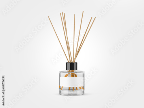 Perfume bottle with scented sticks, mockup with isolated background to be cut out, which can be used for label project presentations. photo