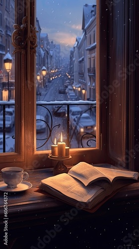 an open window showing a book on one side of the table and a cup on the other Generative Ai