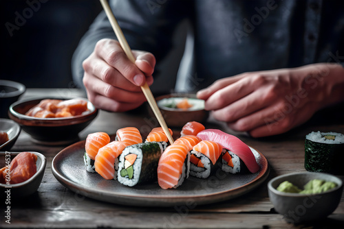 Hombre comiendo sushi en mesa de madera de restaurante.Sabroso estilo de vida de sashimi de mariscos y rollos de arroz. photo