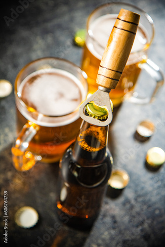 Beer in glasses and bottle opener.