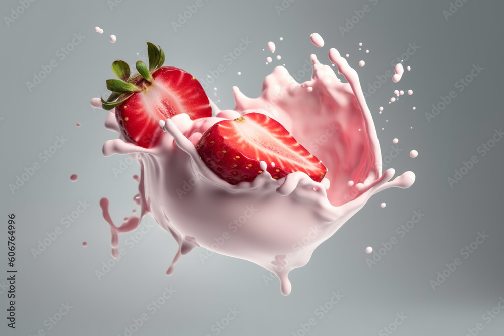 splash of milk or yogurt with fresh strawberries,ai generative

