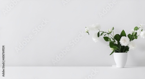 Flowers on a table against bright white wall in the room. Mockup, generative ai